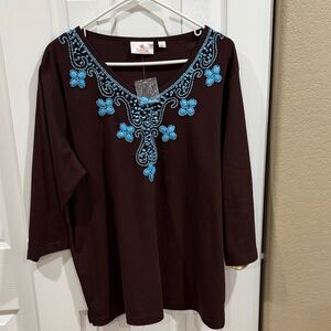 Quaker Factory Top - Brown Top with Turquoise Blue beading - size 1x